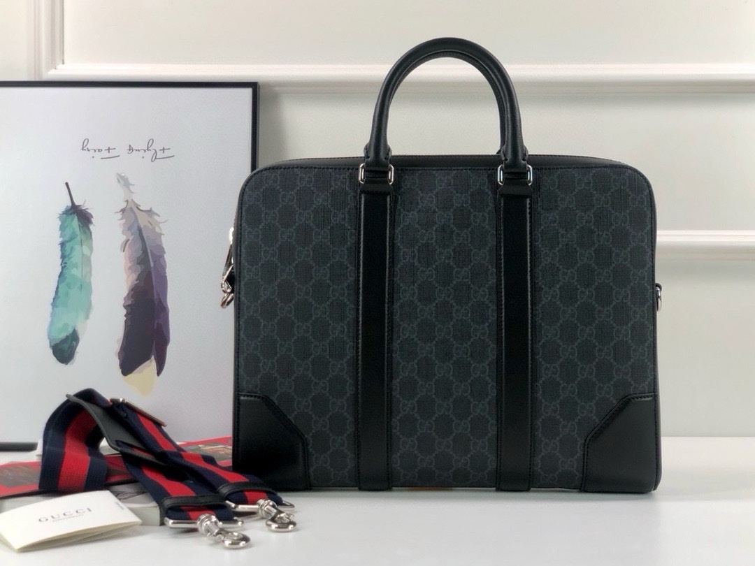 Gucci Briefcase black/gray GG with black leather and blue/red strap model 474135 PVC